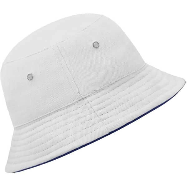 A white bucket hat with a ribbed texture and a blue underside, featuring two ventilation eyelets.