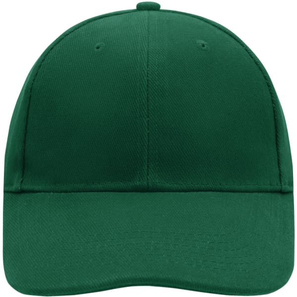 A green 6 panel cap with a curved brim and ventilation holes, featuring a logo on the front.