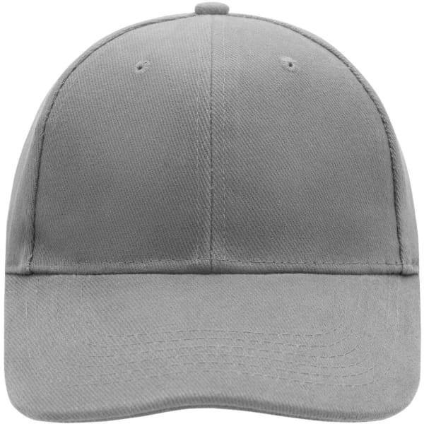 A grey 6 panel cap with a smooth fabric surface and a logo on the front.