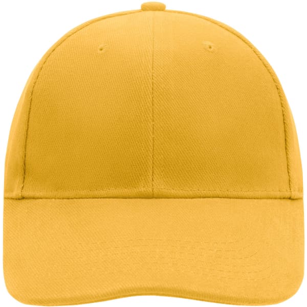 A yellow 6 panel cap featuring a structured design and a blank front panel, ideal for customisation.