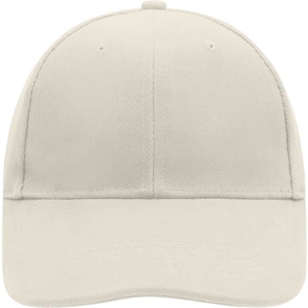 A beige 6 panel cap with a curved brim and a logo on the front.
