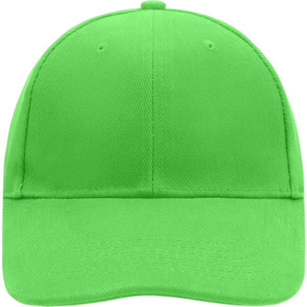A bright green 6 panel cap with a curved brim and a logo on the front.
