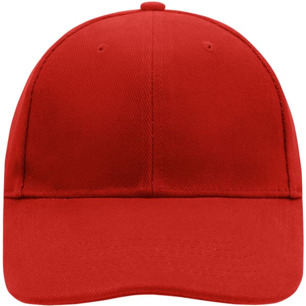 A red 6 panel cap with a curved brim and a logo on the front.