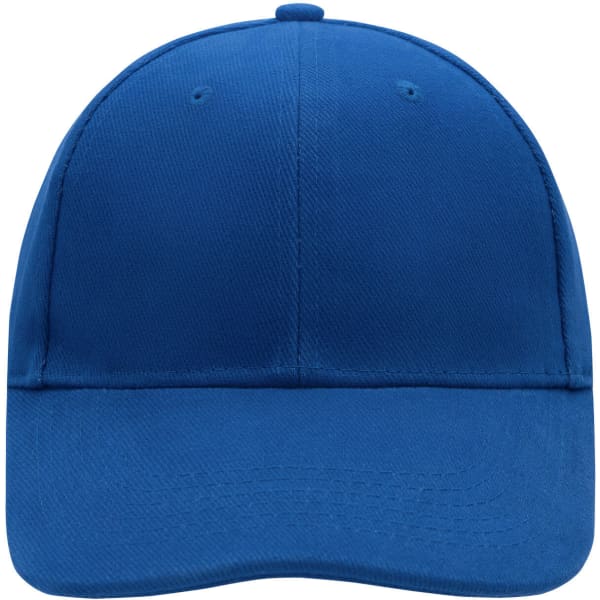 A blue 6-panel cap featuring a curved brim and a logo on the front. The cap has eyelets for breathability.