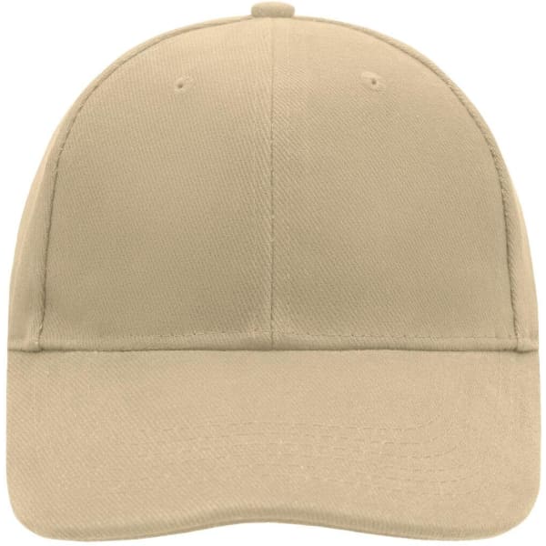 A beige 6 panel cap featuring a solid design and a logo on the front.