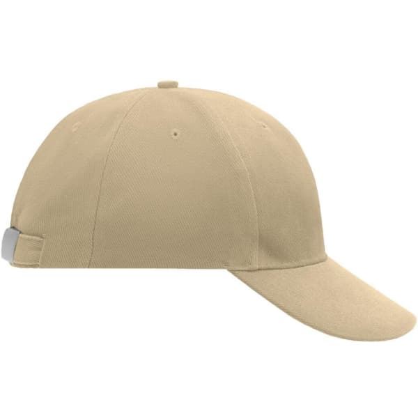 A beige six-panel cap with a curved brim and adjustable strap at the back. Features a logo on the front.