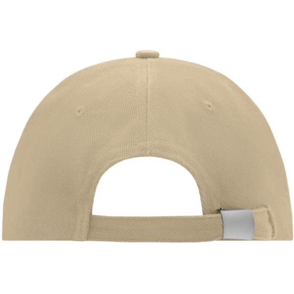 A beige 6 panel cap featuring a back strap and a logo on the rear.