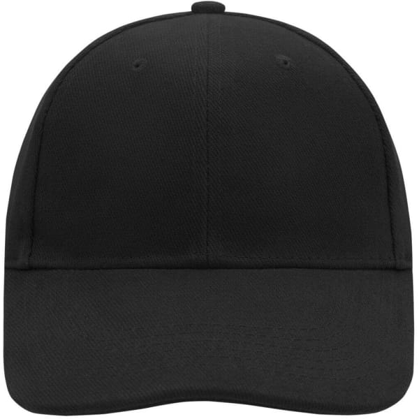 A black 6 panel cap featuring a curved brim and a structured fit, with an area for branding or logos.