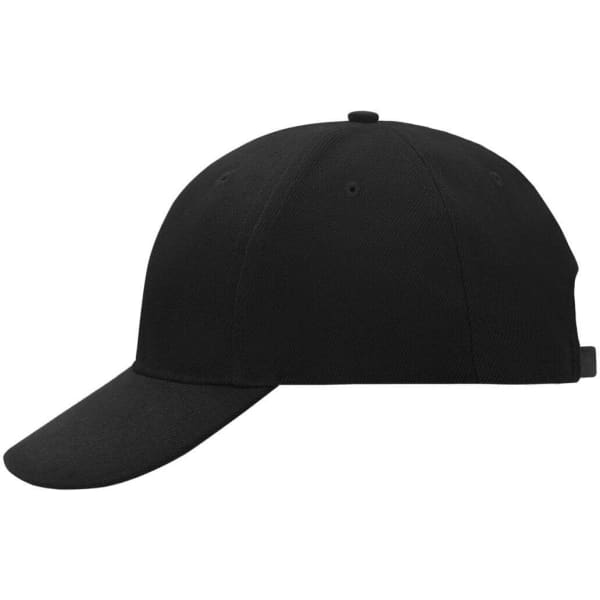 A black 6 panel cap featuring a structured design and a logo on the side.