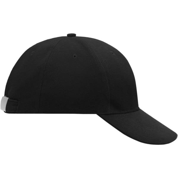 A black 6 panel cap featuring a curved brim and an adjustable back strap, displaying a logo.