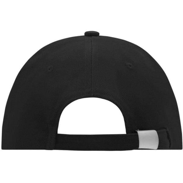A black 6 panel cap with a curved brim and an adjustable strap at the back. Features a logo.