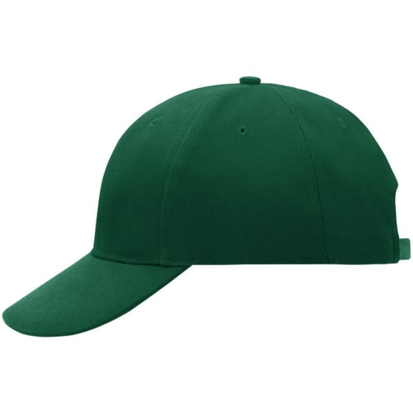 A green six-panel cap with a structured design and a curved brim. Features a logo on one side.
