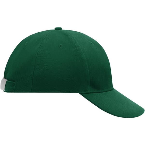 A green 6 panel cap with a curved brim and an adjustable strap at the back, featuring a logo.