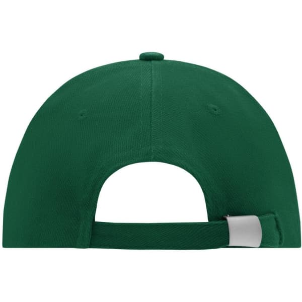 A green 6-panel cap featuring an adjustable strap and a logo on the back.