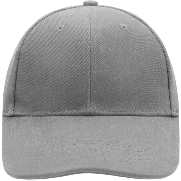 A grey 6-panel cap featuring a structured design and an adjustable back, includes a small logo on the front.