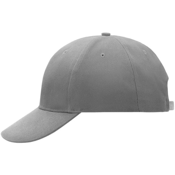 A grey 6 panel cap with a curved brim and a logo on the side.