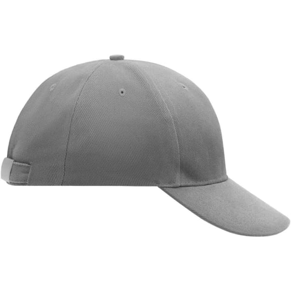 A grey six-panel cap featuring a curved brim and an adjustable strap at the back. It has a logo.