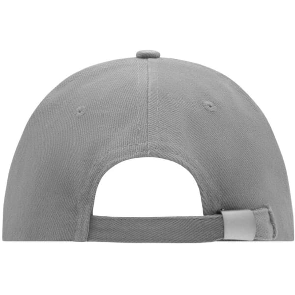 A grey 6 panel cap featuring a back strap and a logo on the side.