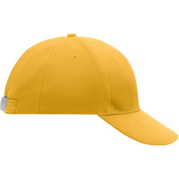 A yellow 6-panel cap featuring a curved brim and a logo on the side.