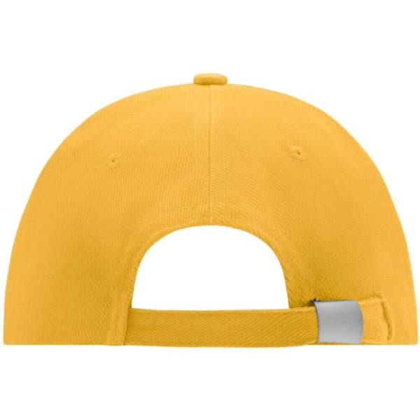 A yellow 6 panel cap with an adjustable strap at the back and a logo.