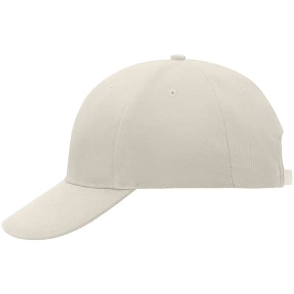 A six-panel cap in a light beige colour with a logo on the front and ventilation holes.