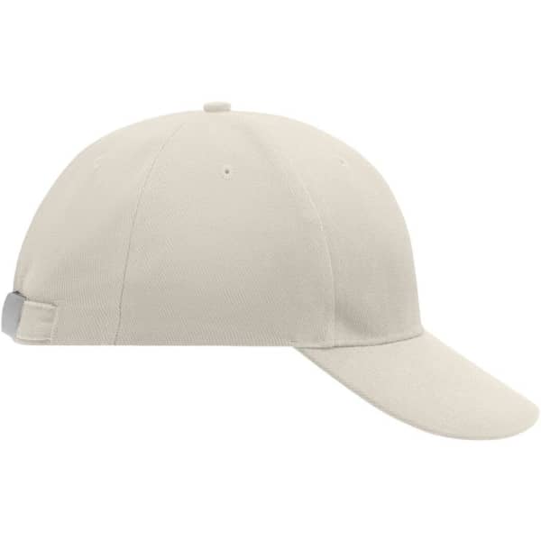 A beige 6 panel cap with a curved brim, featuring an adjustable strap and a branding logo.