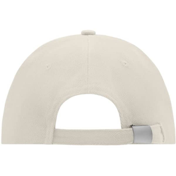 A light beige 6 panel cap featuring a back opening and an adjustable strap, with a logo on the side.