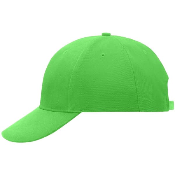 A bright green 6-panel cap featuring a curved brim and a logo on the side.