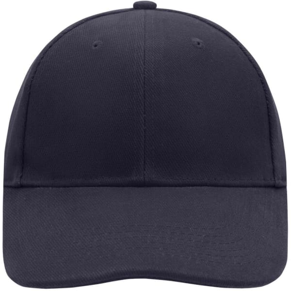 A navy 6-panel cap featuring a structured design and a closed back. It has a logo on the front.