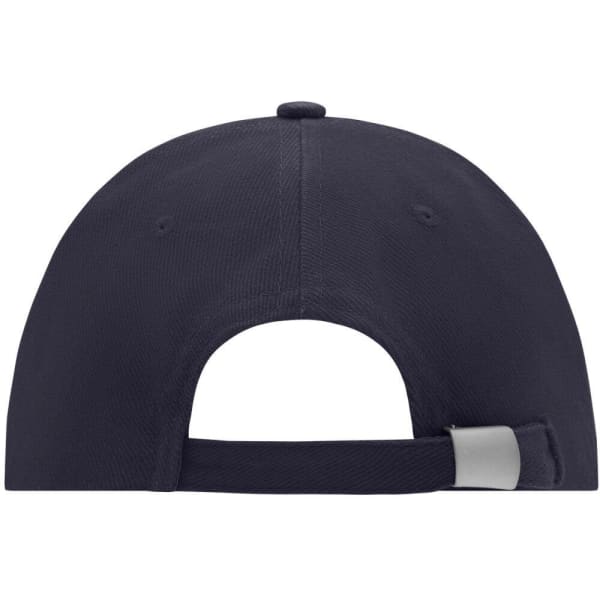 A navy blue six-panel cap featuring a metal adjuster and a classic flat brim design. It has a branding logo.