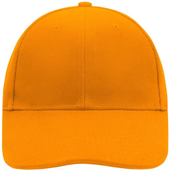 An orange 6 panel cap with a structured front and a curved brim, featuring a logo on the side.
