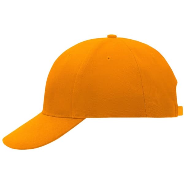 An orange 6 panel cap with a curved brim and an adjustable strap at the back. It features a logo on the front.