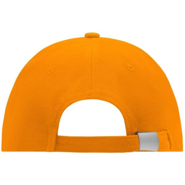 An orange 6 panel cap featuring an adjustable strap at the back and a logo.