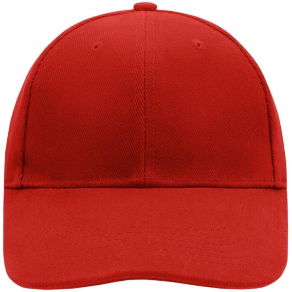 A red six-panel cap with a rounded crown and curved brim. Features a logo on the front.