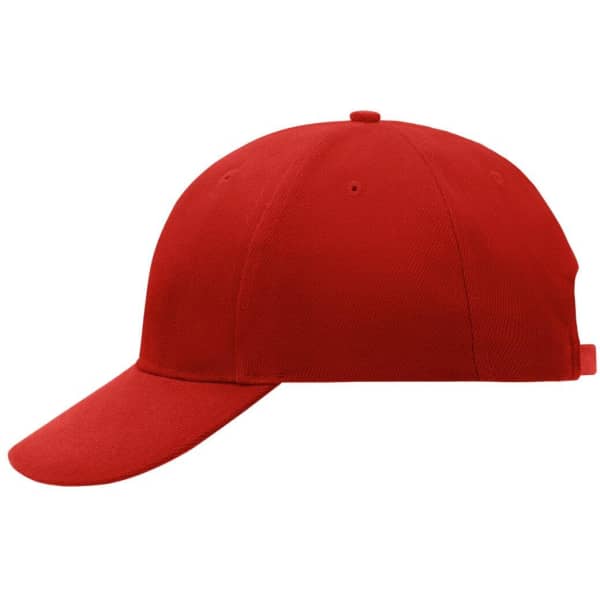 A red 6 panel cap featuring a curved brim and a strap adjuster at the back, with a branding logo.