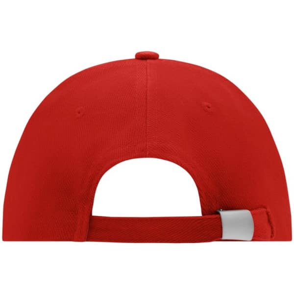 A red 6-panel cap featuring an adjustable strap and a logo on the back.