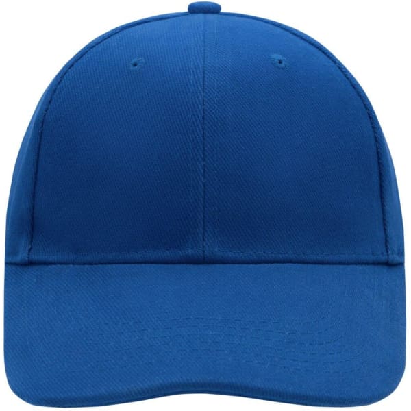 A blue 6 panel cap with a structured front and a curved brim, featuring a logo on the side.