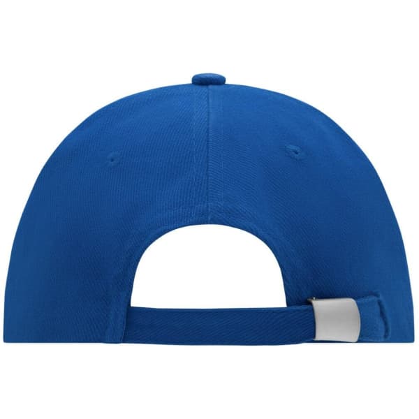 A blue six-panel cap with a curved brim and an adjustable strap at the back. It features a logo.