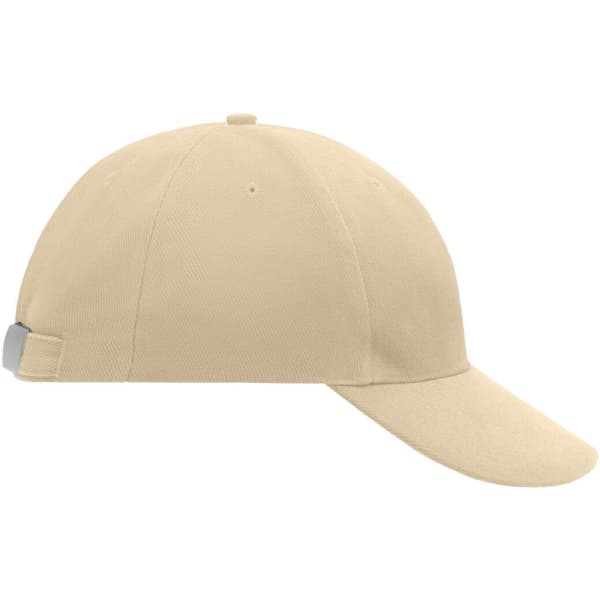 A low-profile beige 6-panel cap featuring a sleek design and a branding logo on the side.