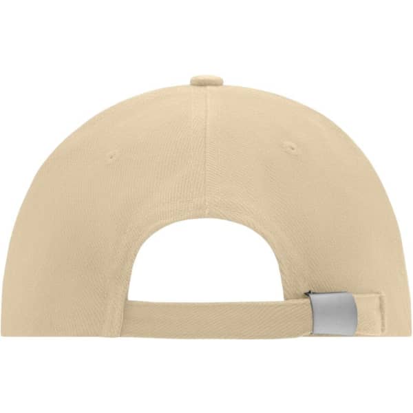 A low-profile beige cap featuring a curved brim and an adjustable strap at the back. It has a logo.