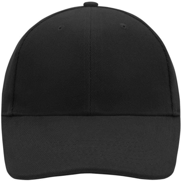 A low-profile black cap with six panels and a curved brim, featuring ventilation holes and a plain design.