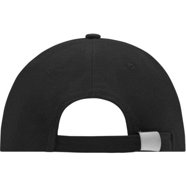 A black low-profile 6 panel cap featuring a rear adjustable strap and a logo on the back.