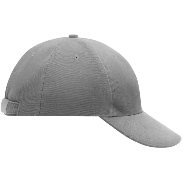A low-profile, six-panel cap in grey, featuring an adjustable strap and a logo on the side.