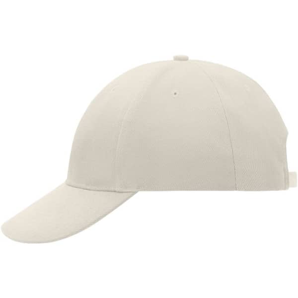 A beige low-profile six-panel cap with a curved brim and an adjustable strap. It features a logo on the side.