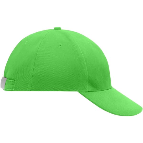 A low-profile six-panel cap in bright green with an adjustable strap at the back and a branding logo.