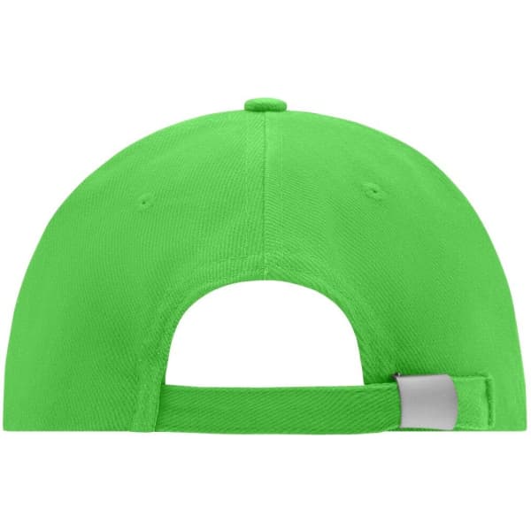 A bright green low-profile 6 panel cap with an adjustable strap and a logo on the back.