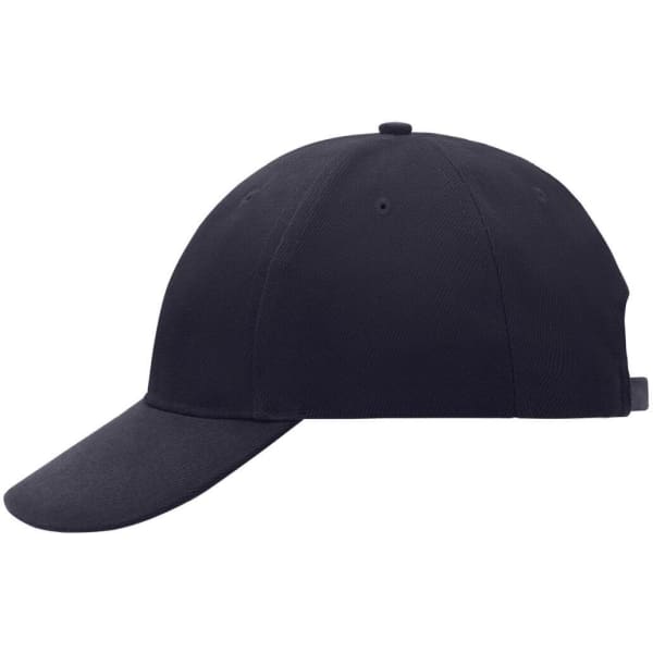 A low-profile six-panel cap in navy blue with a curved brim and a logo on the side.