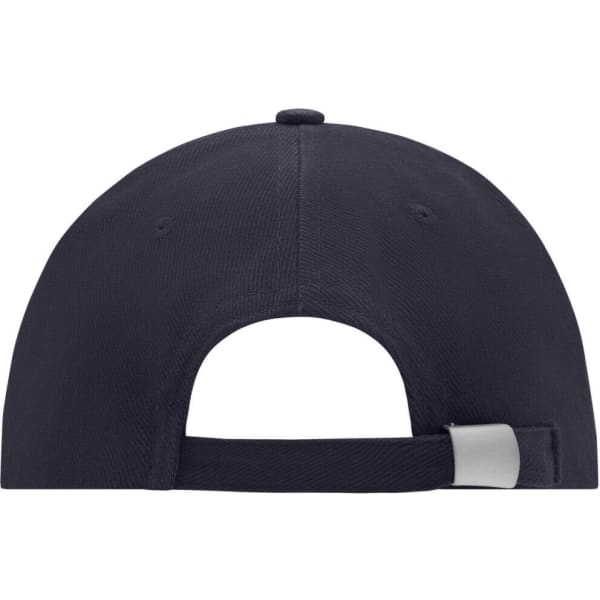 A low-profile, six-panel cap in navy blue featuring an adjustable strap and a circular top button.