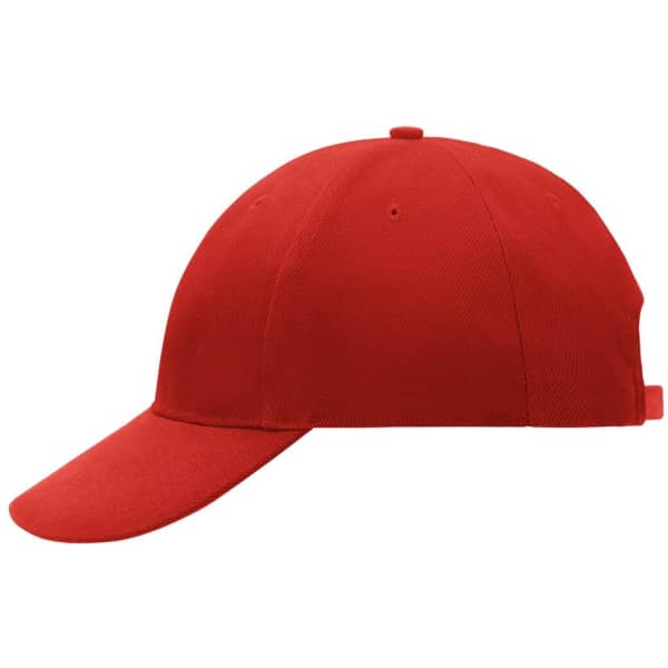 A red low-profile six-panel cap with a slightly curved visor and a back adjustment strap.