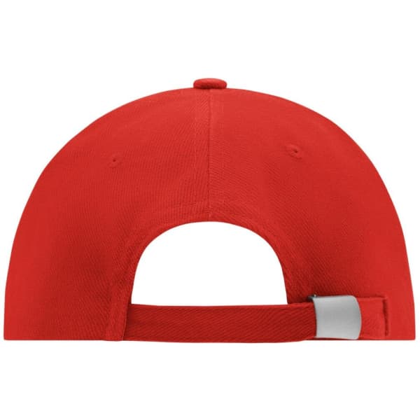 A red low-profile 6 panel cap featuring a rear opening and an adjustable strap. It includes a logo.